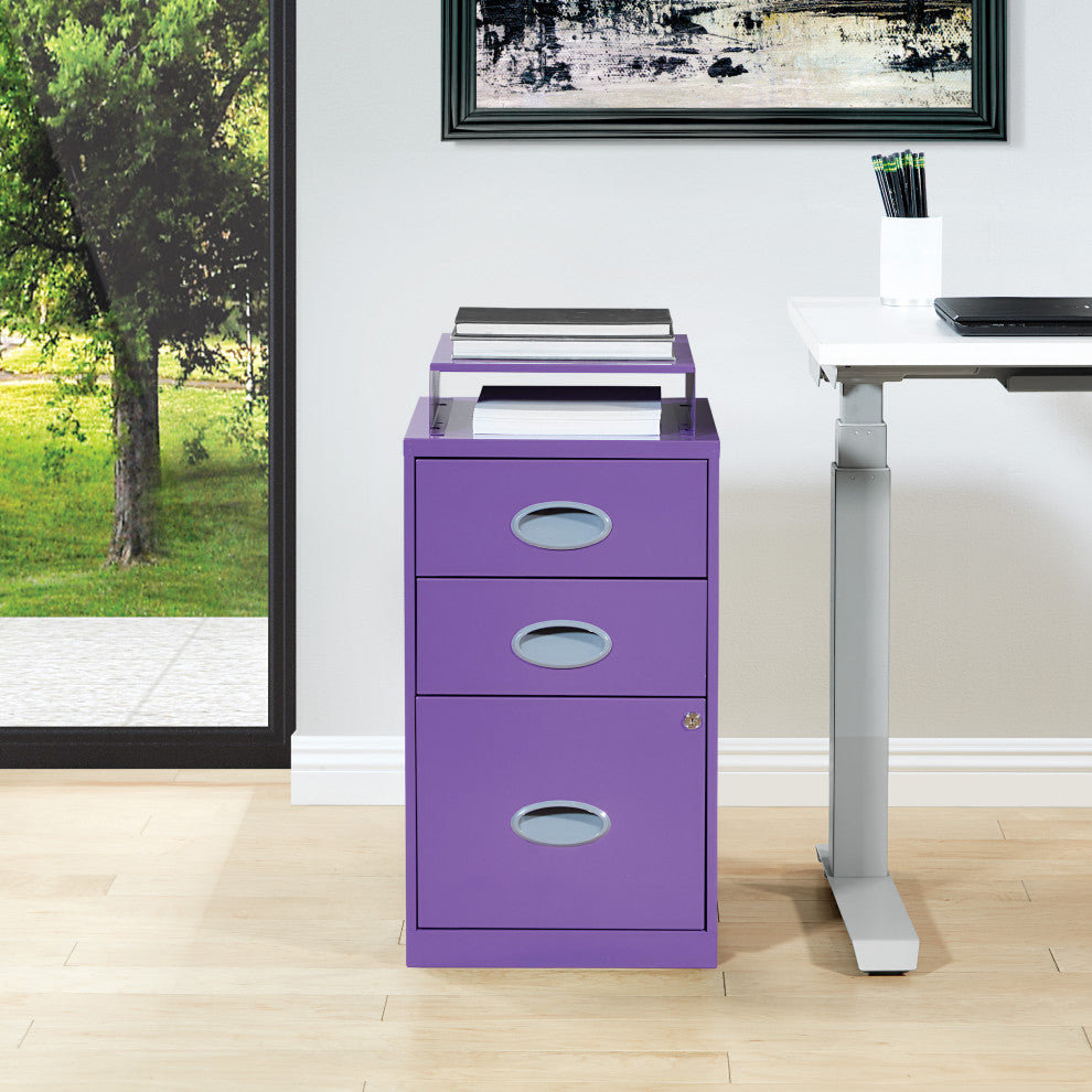 3 Drawer Locking Metal File Cabinet With Top Shelf, Purple