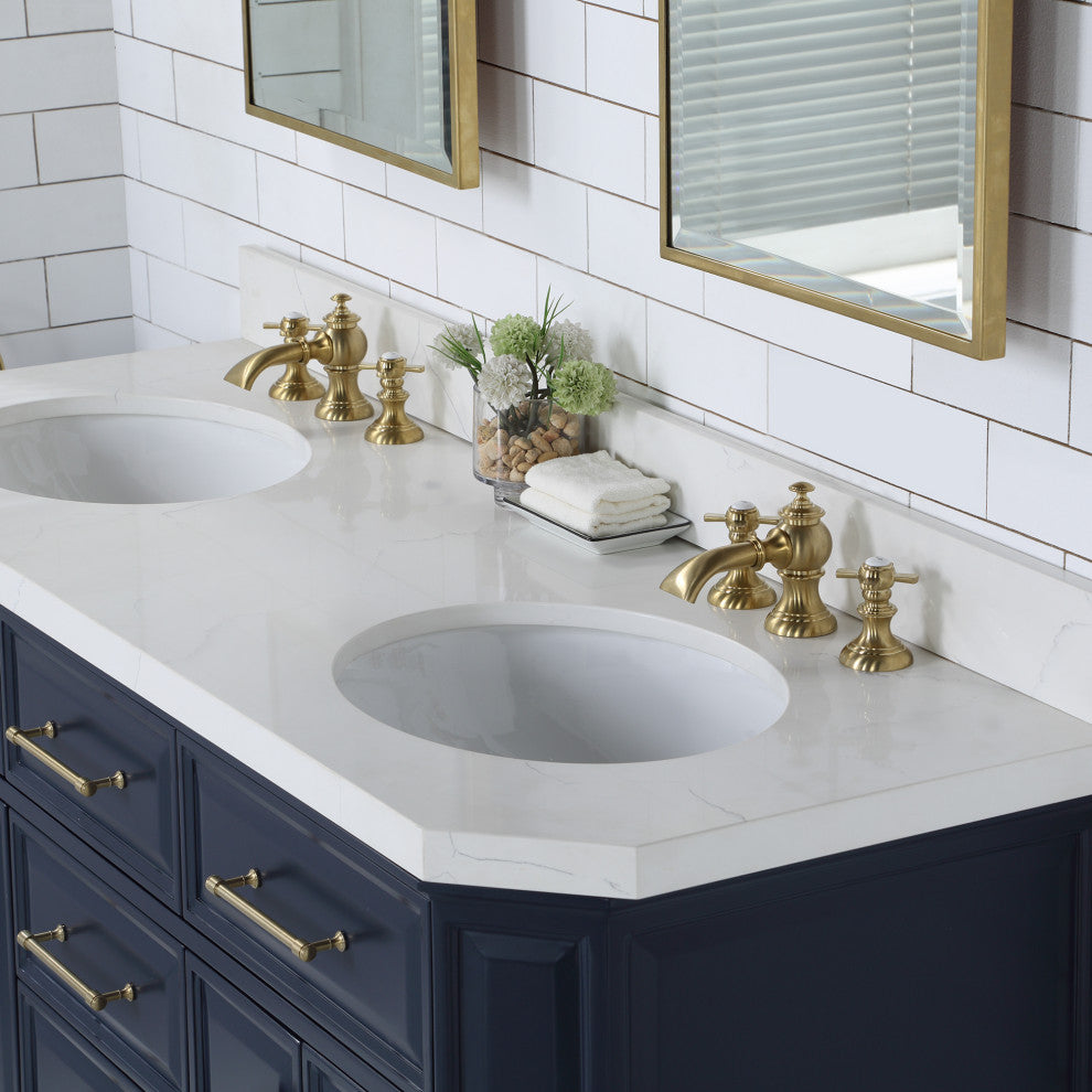 Palace 60" White Quartz Countertop Double Vanity, Blue, F2-0013 Faucets