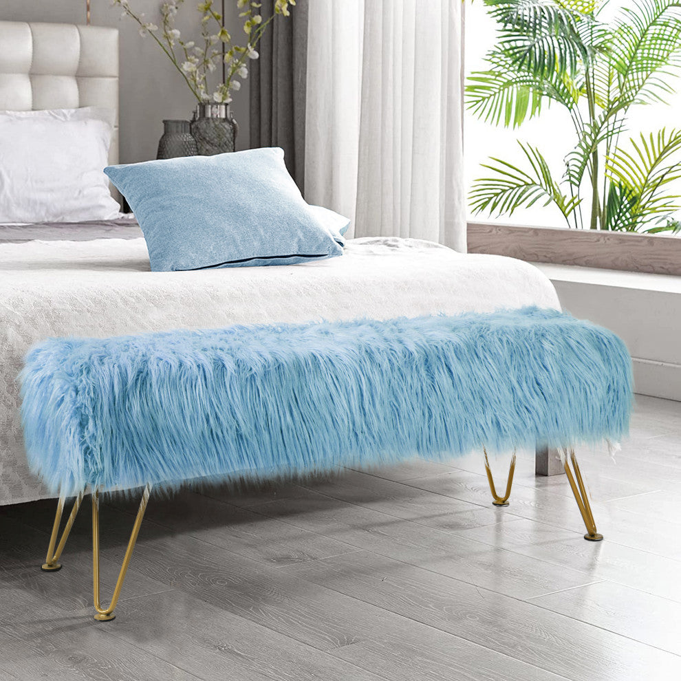 Mongolian Faux Fur Upholstered Ottoman Bench, Forget Me Not, 46x16x22