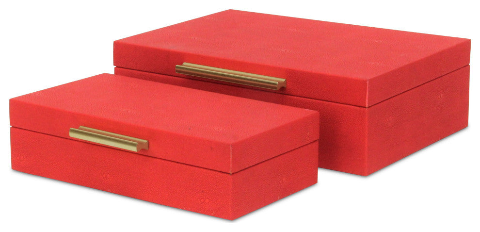 Lusan Rectangular Decorative Box Set, Red Faux Shagreen