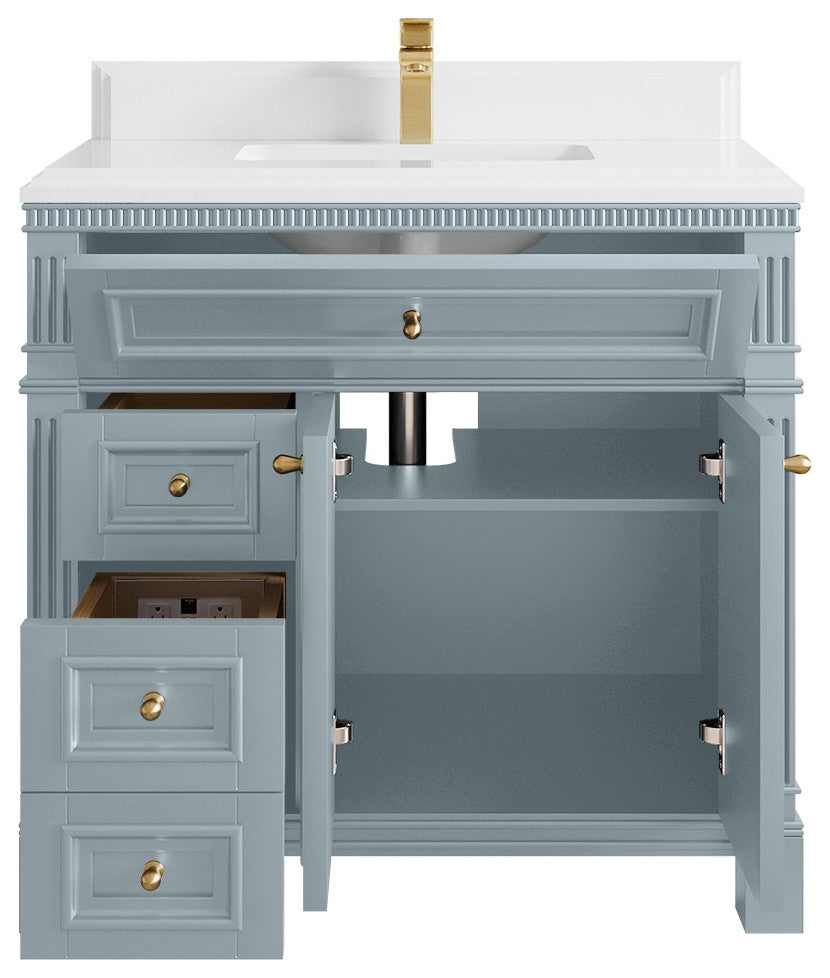 Paris 36" Center Sink Bathroom Vanity, Blue Heather 1.5" White Quartz