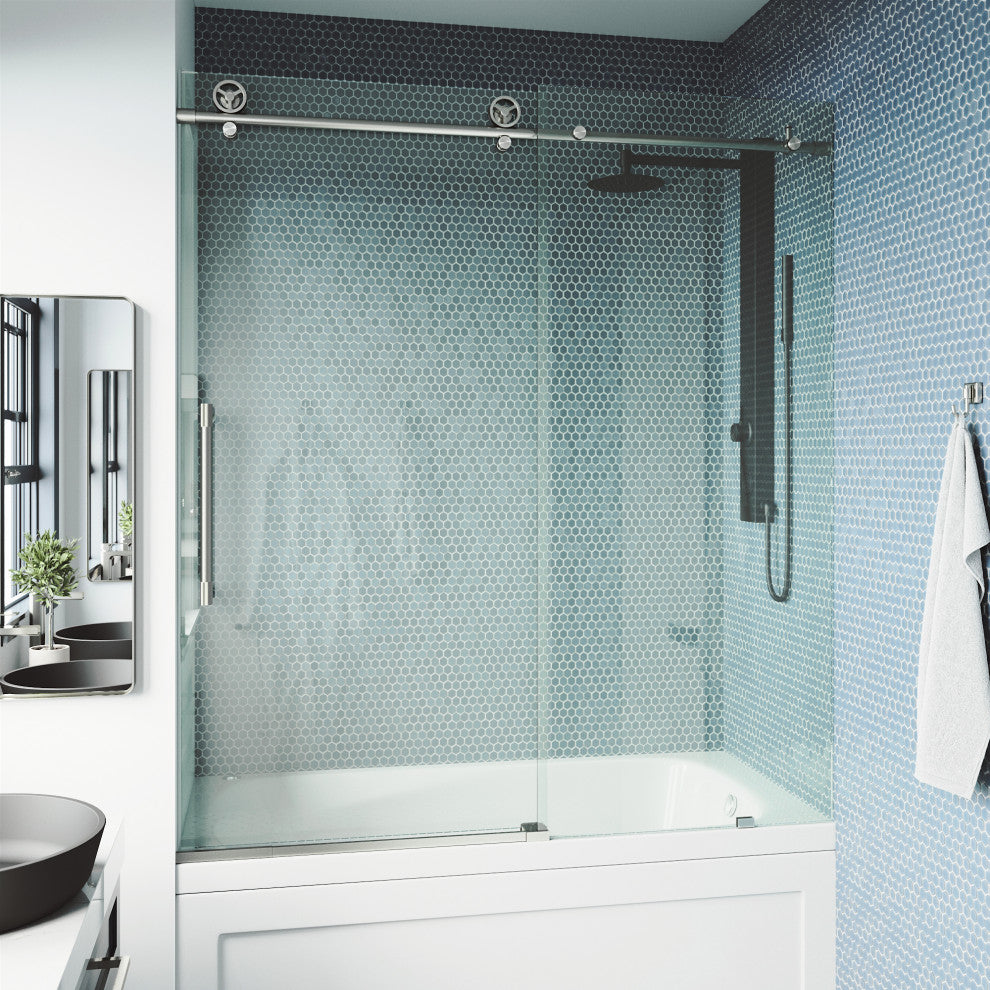 VIGO Elan Cass Aerodynamic 56" to 60" W x 66" H Frameless Sliding Tub Door, Stainless Steel, Clear Glass