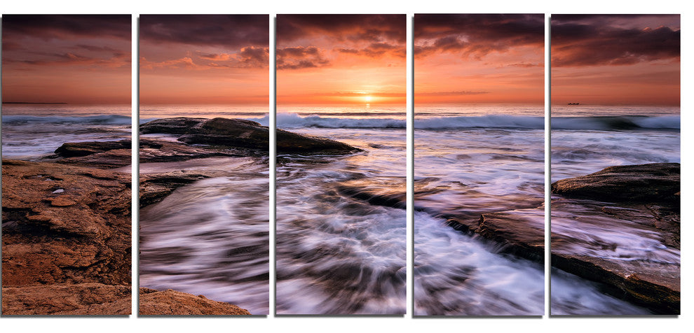 "Waves Hitting Rocky Beach Burgas Bay" Seascape Wall Art, 5 Panels, 60"x28"