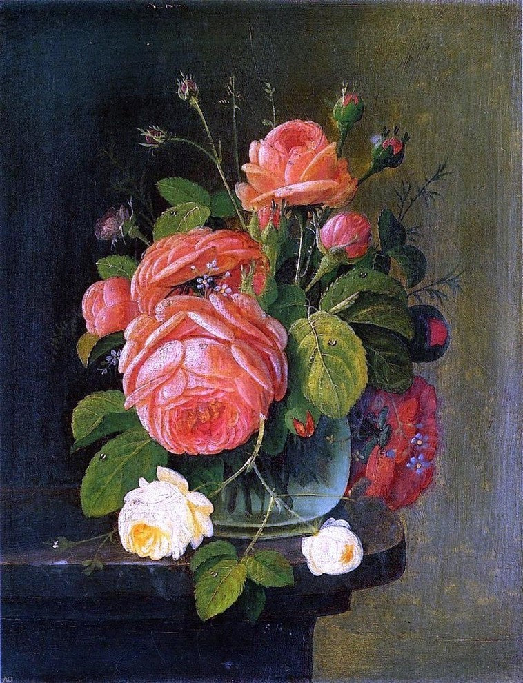 Severin Roesen Roses on a Tabletop Premium Canvas Print