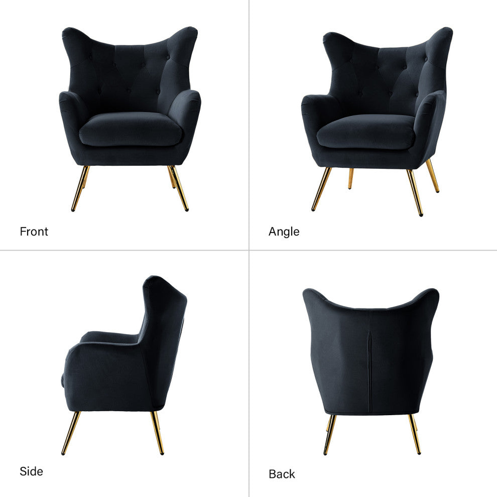 Tufted Accent Chair With Golden Legs, Black
