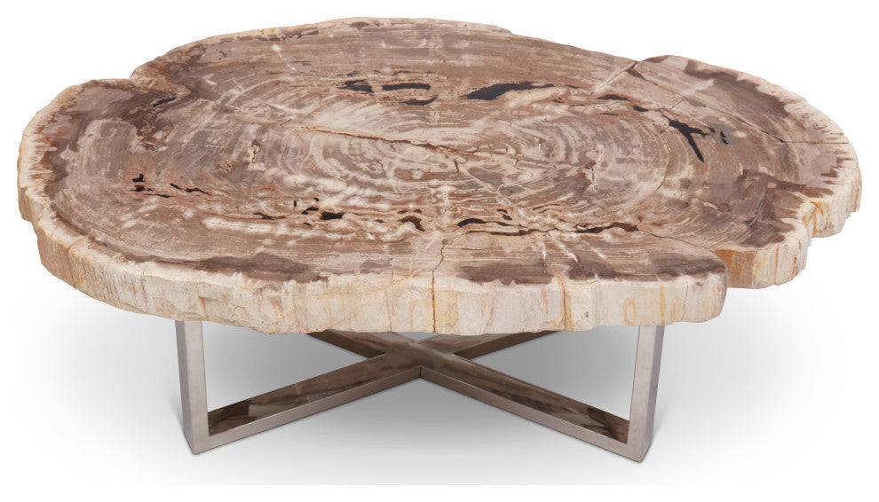 Relique Eliza Coffee Table, Polished Stainless Steel Base, Natural Light Top