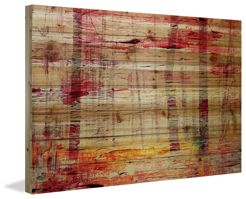 "Floating Red Water" Painting Print on Natural Pine Wood, 36"x24"