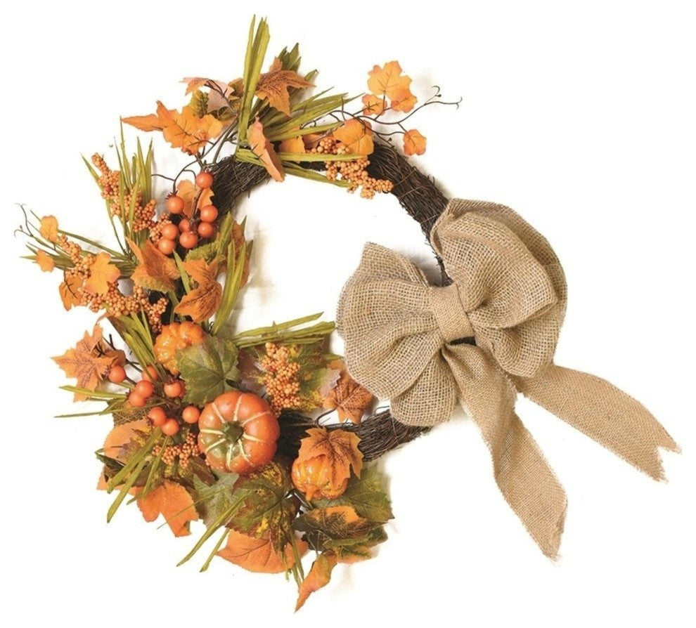 20" Autumn Harvest Pumpkins Berries and Leaves Wreath With Bow