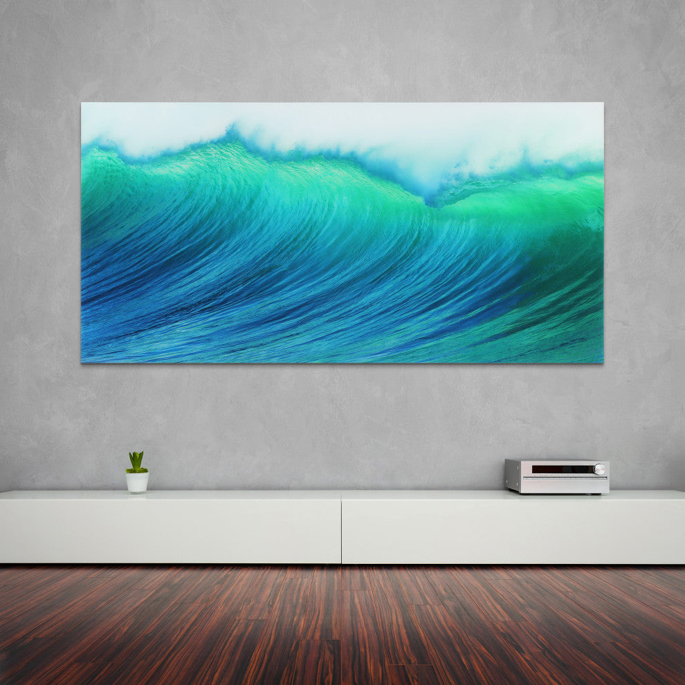 Blue Wave Wall Art Frameless Free Floating Tempered Art Glass 72"x36"