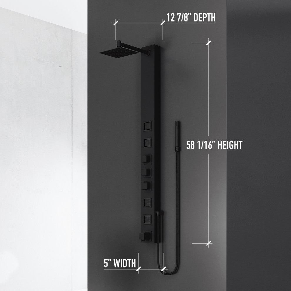 Sutton 58" H x 5" W 4-Jet Shower Panel with Square Shower Head, Matte Black