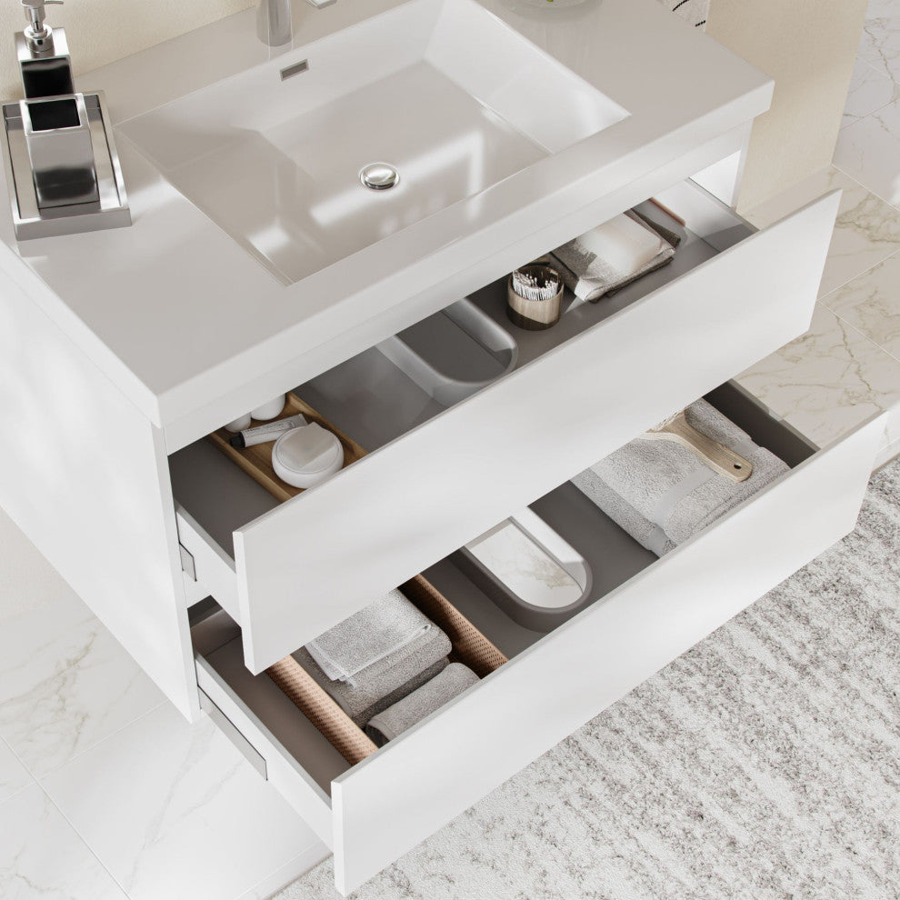 The Beacon Bathroom Vanity, Single Sink, 36", High Gloss White, Wall Mounted