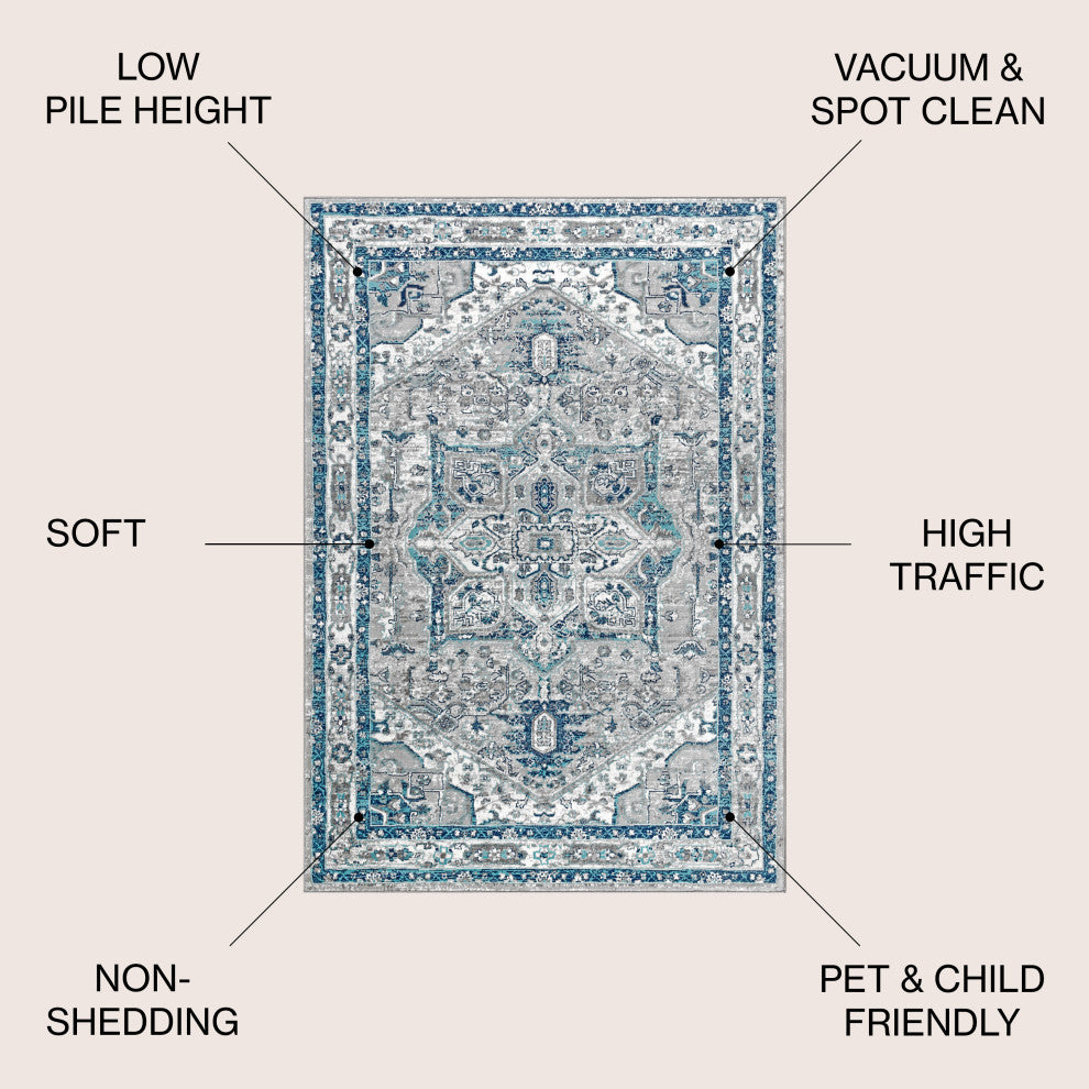 Modern Persian Vintage Medallion Area Rug, Slate, 12 X 18