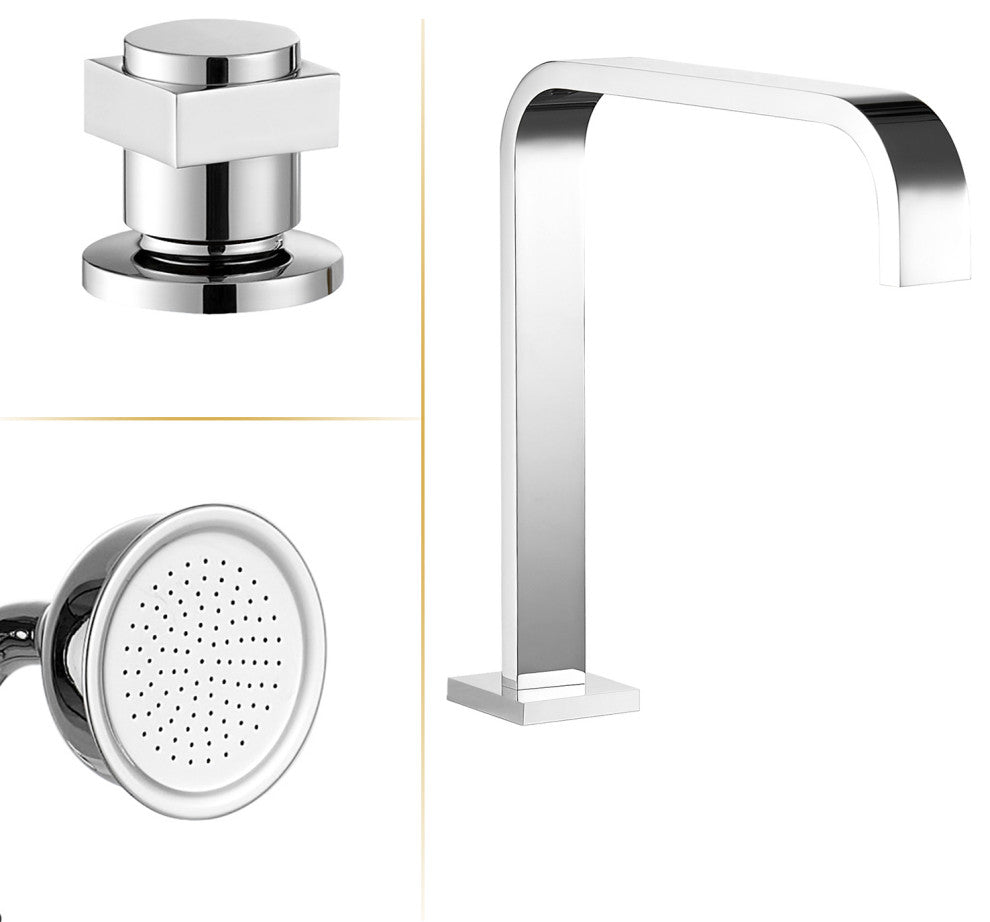 Vikran Triple Handle Deck-Mount Roman Tub Faucet Trim With Handshower, Polished Chome