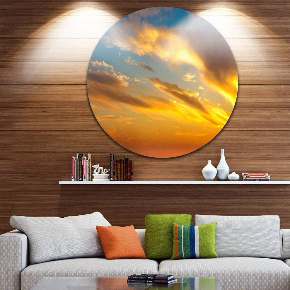 Amazing Golden Sky At Sunset, Modern Seashore Disc Metal Artwork, 11"
