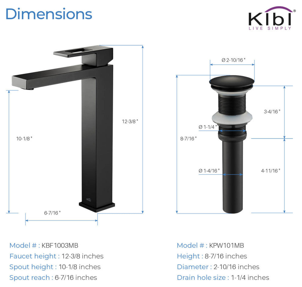 Cubic Single Handle Vessel Sink Faucet KBF1003, Matte Black, W/ Drain