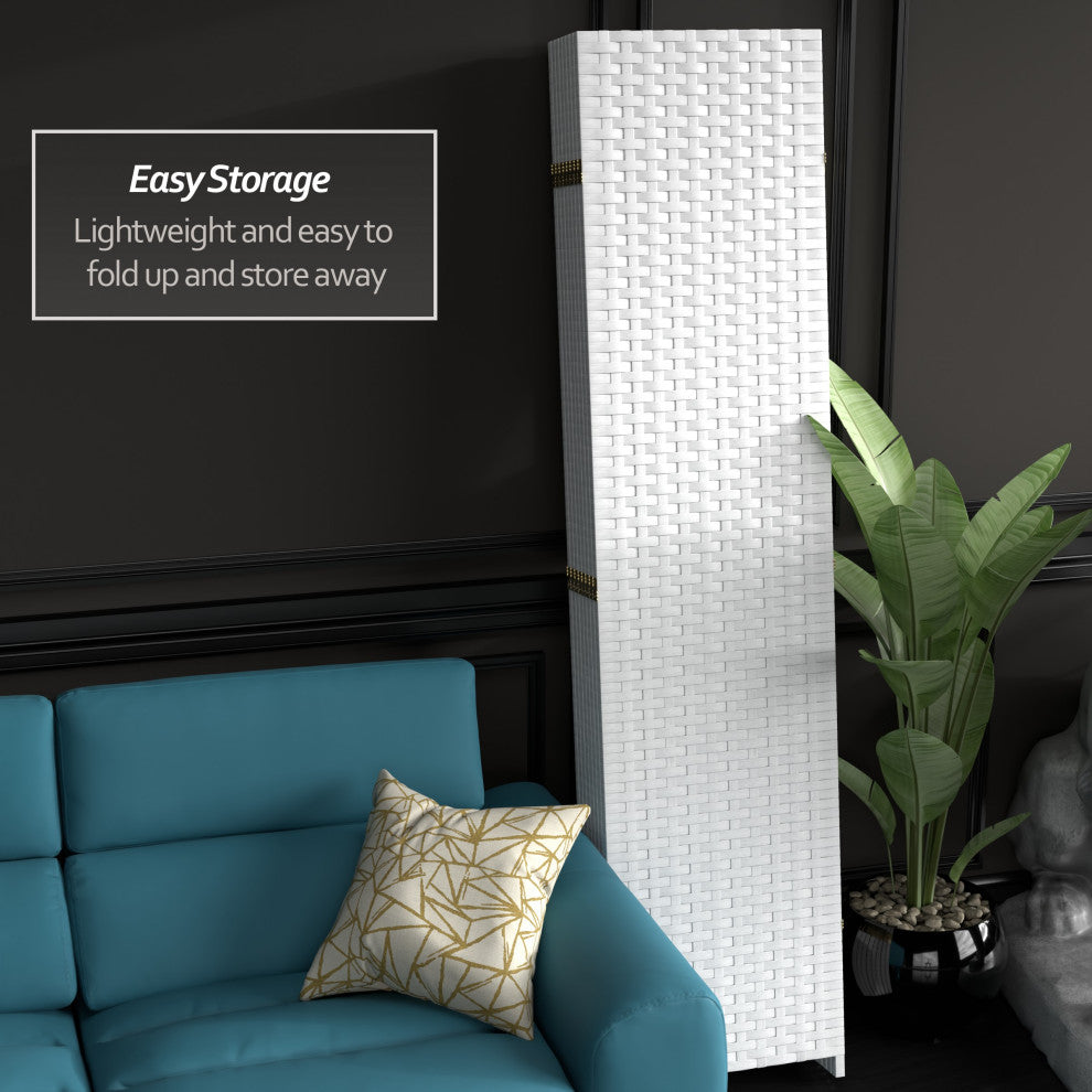 7' Tall Woven Fiber Room Divider, White, 8 Panel