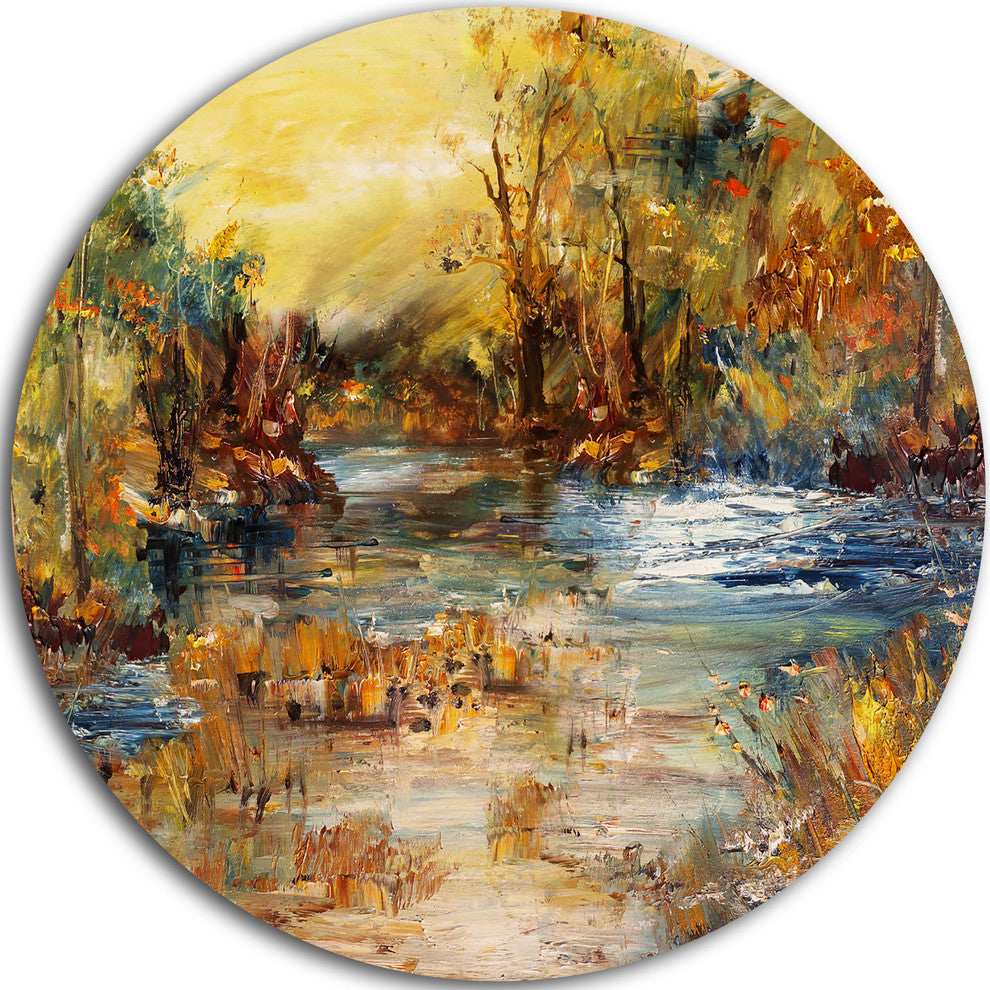 River In Forest Oil, Landscape Disc Metal Wall Art, 11"