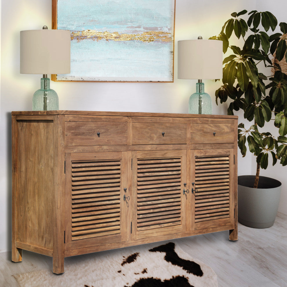 Recycled Teak Wood Louvre Cabinet with 3 Doors & 3 Drawers