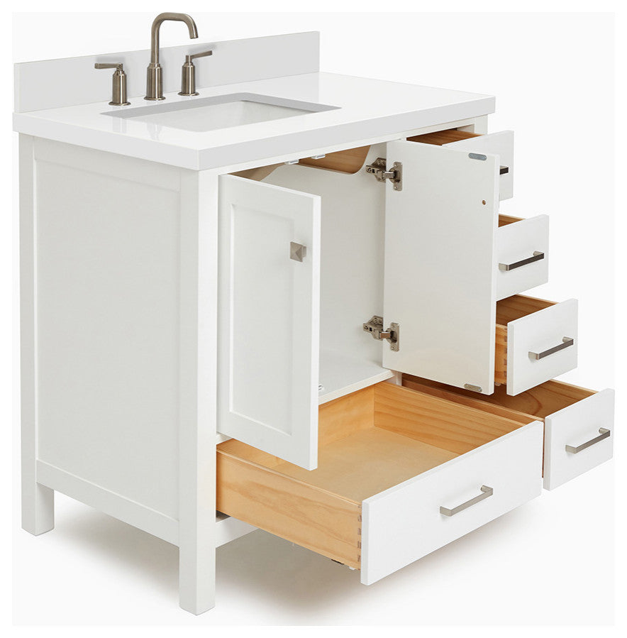 ARIEL Cambridge 37" Left Offset Rectangle Sink White Bathroom Vanity Quartz Top