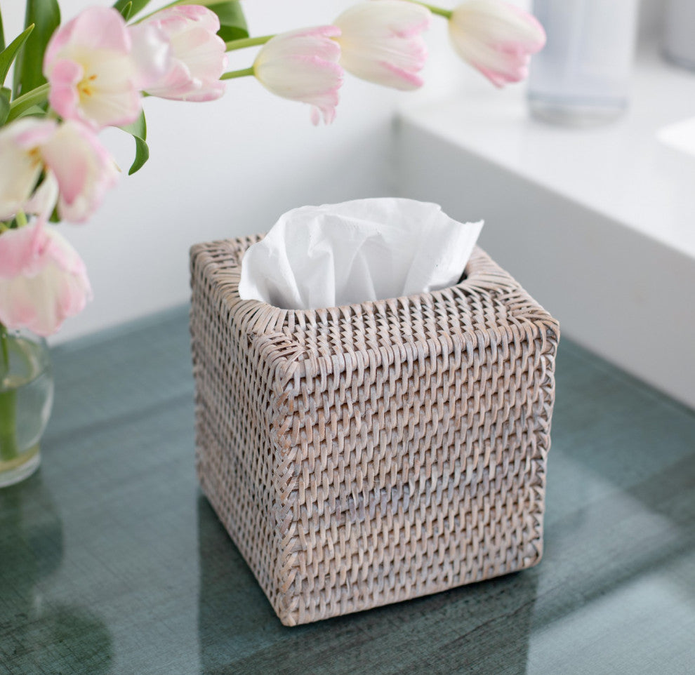 Artifacts Rattan Column Tissue Box Cover, White Wash