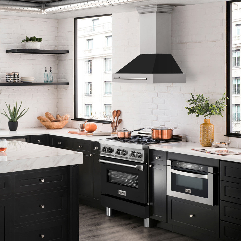 ZLINE 30" Wall Mount Hood Stainless Steel With Black Matte Shell 8654STX-BLM-30