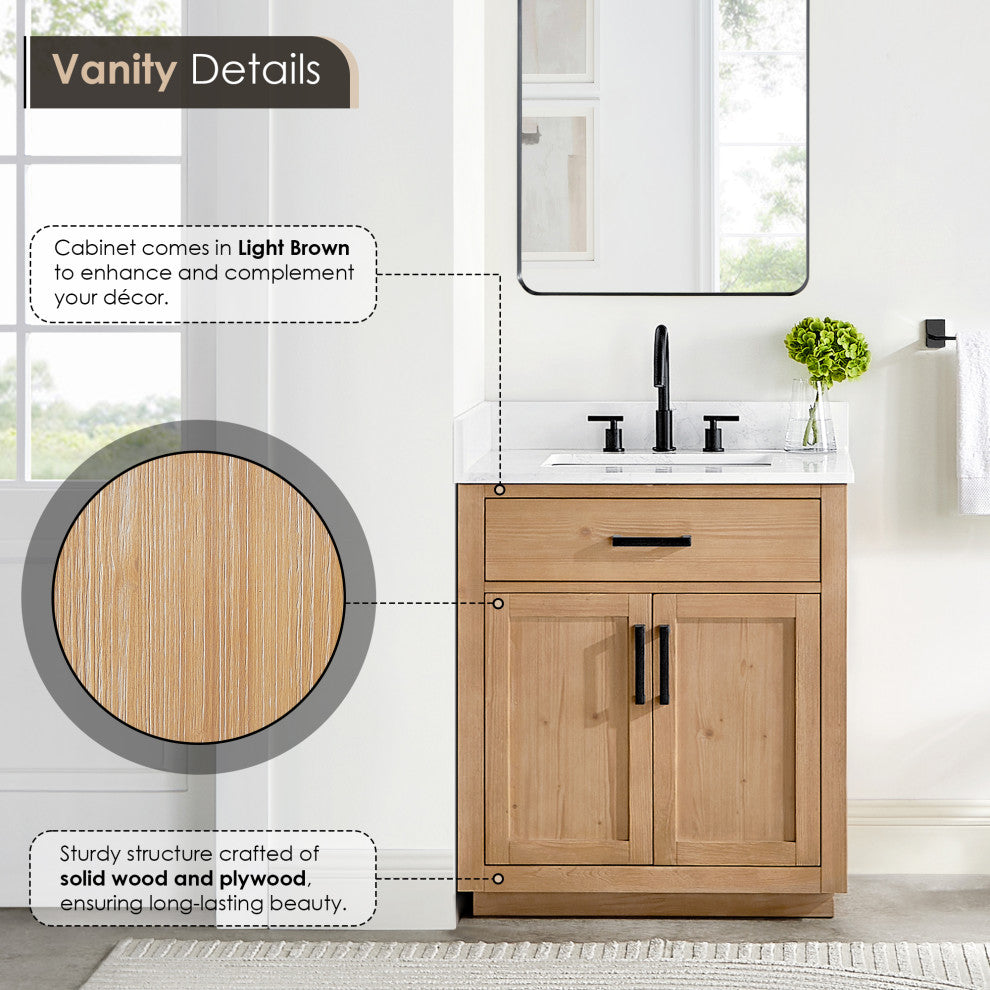Gavino Vanity With Grain White Composite Stone Top, Light Brown/Matte Black, 30", No Mirror