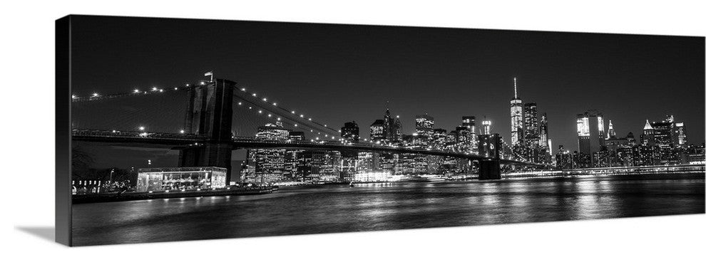 "New York City Skyline with Brooklyn Bridge in Foreground, at Night" Wrapped
