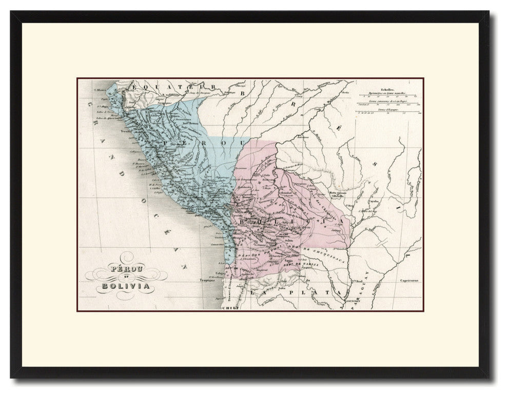 Peru, Bolivia Vintage Map Print On Canvas With Picture Frame 16" X 21"
