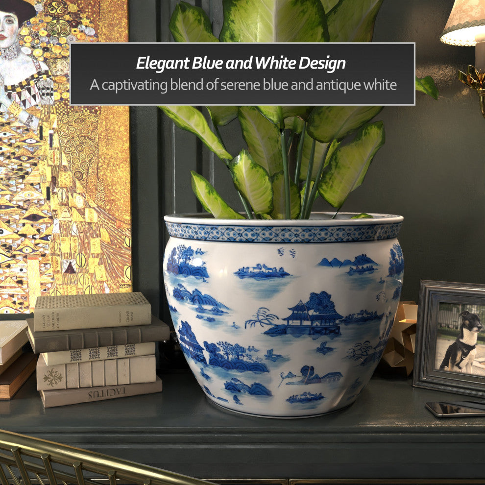 20" Porcelain Fishbowl Blue and White Landscape