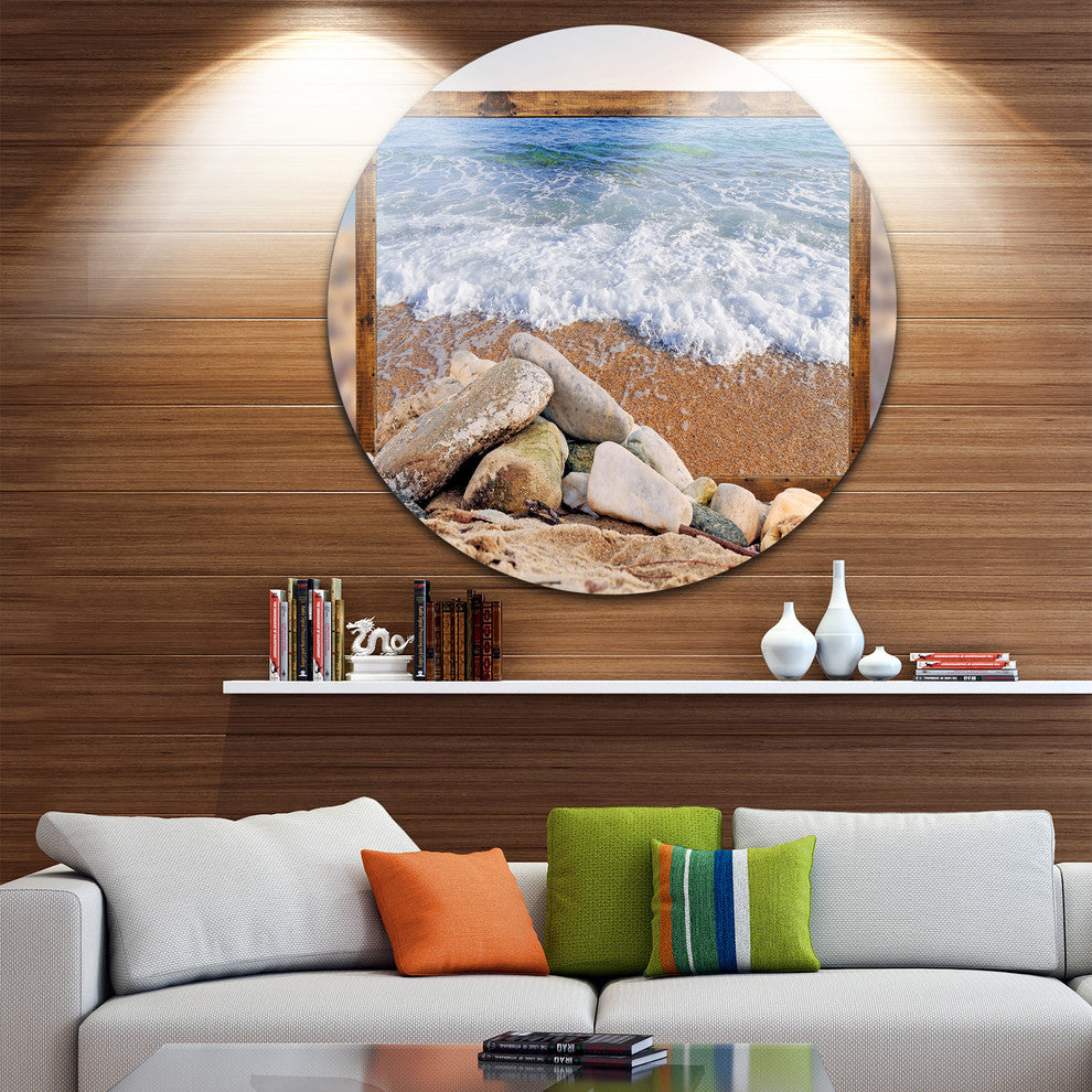 Framed Waves And Rocks, Seashore Art Round Metal Wall Art, 11"
