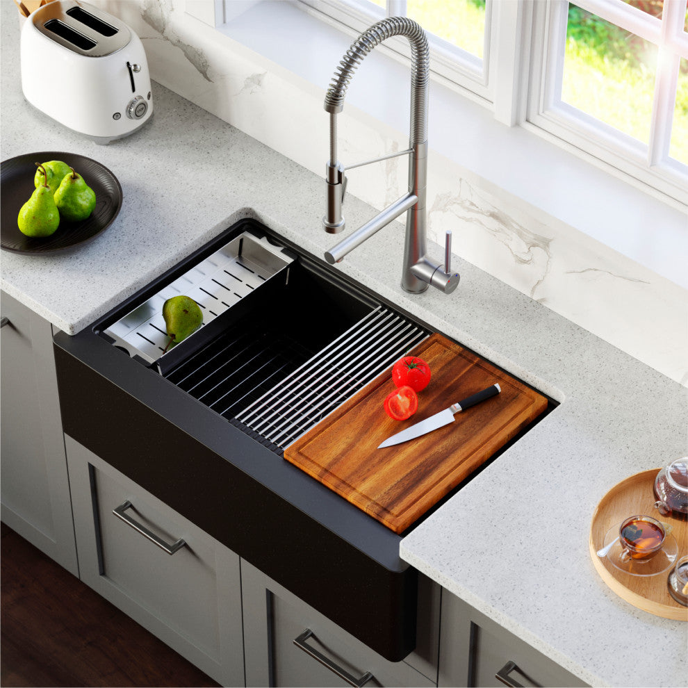 Karran 34" Quartz Farmhouse Single Bowl Workstation Kitchen Sink, Black