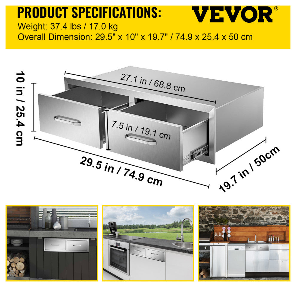 Outdoor Kitchen Drawers 30" W x 10" H x 20" D Horizontal Double BBQ Access