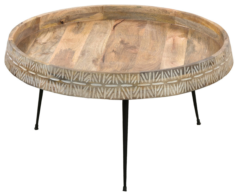 29" Coffee Table Round Handcrafted Mango Wood Carved Edge Black Iron Legs