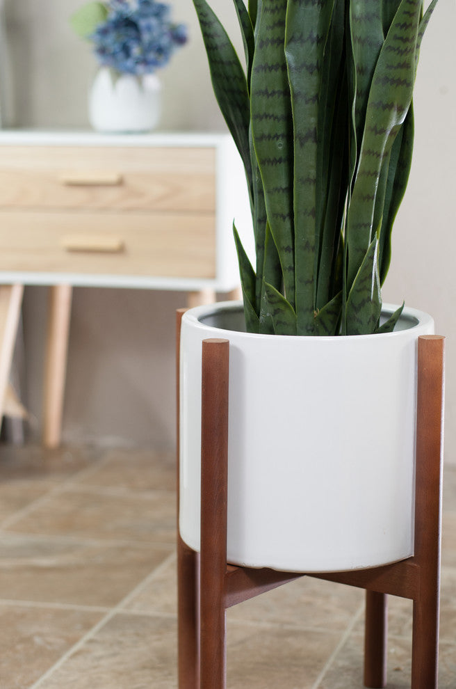 Large Ceramic Cylinder Pot 10" White With Wood Plant Stand Walnut Color