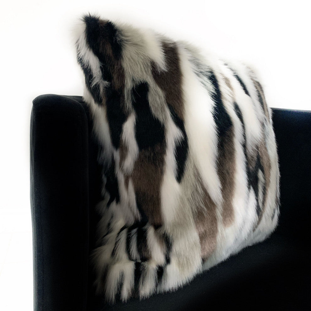 Plutus Black, White Zebra Animal Faux Fur Luxury Throw Pillow, 20"x20"