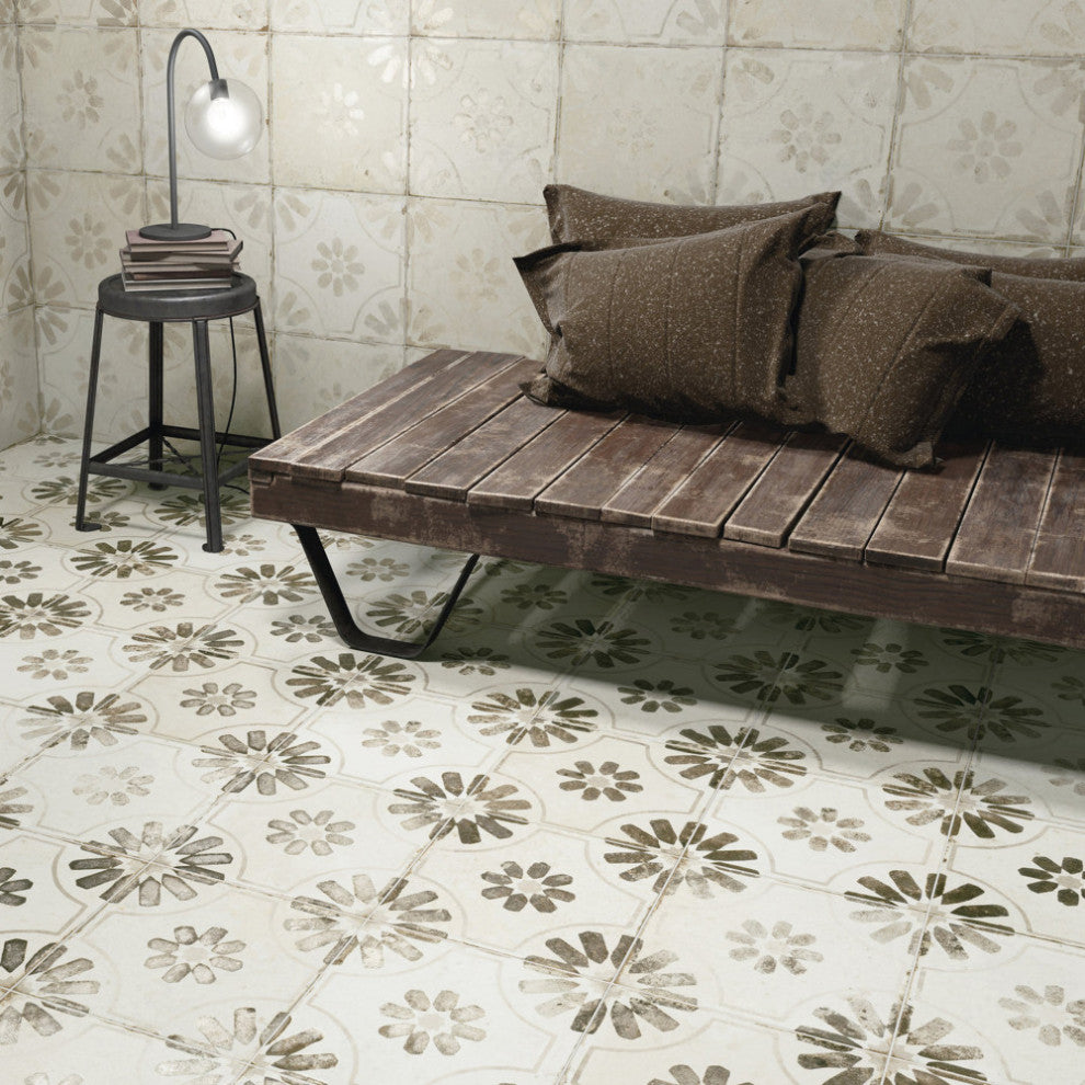 Kings Blume Encaustic Ceramic Floor and Wall Tile, White