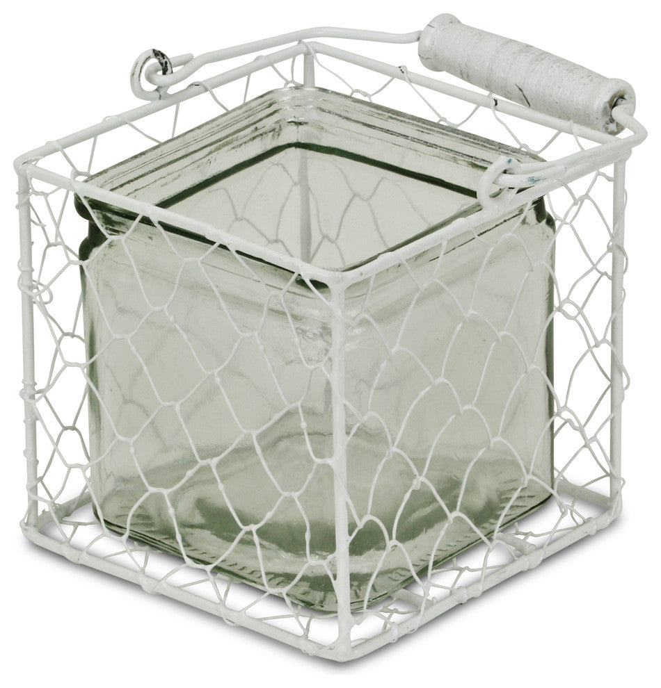 Laguna Wire Basket With Glass Jar, White, Large, Medium
