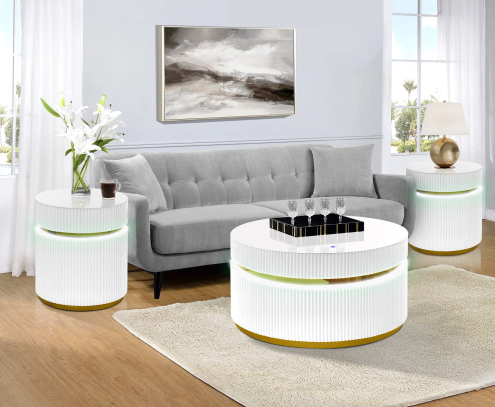 Tavita 3-Piece Round Coffee Table Set With Glass Top and LED Lights