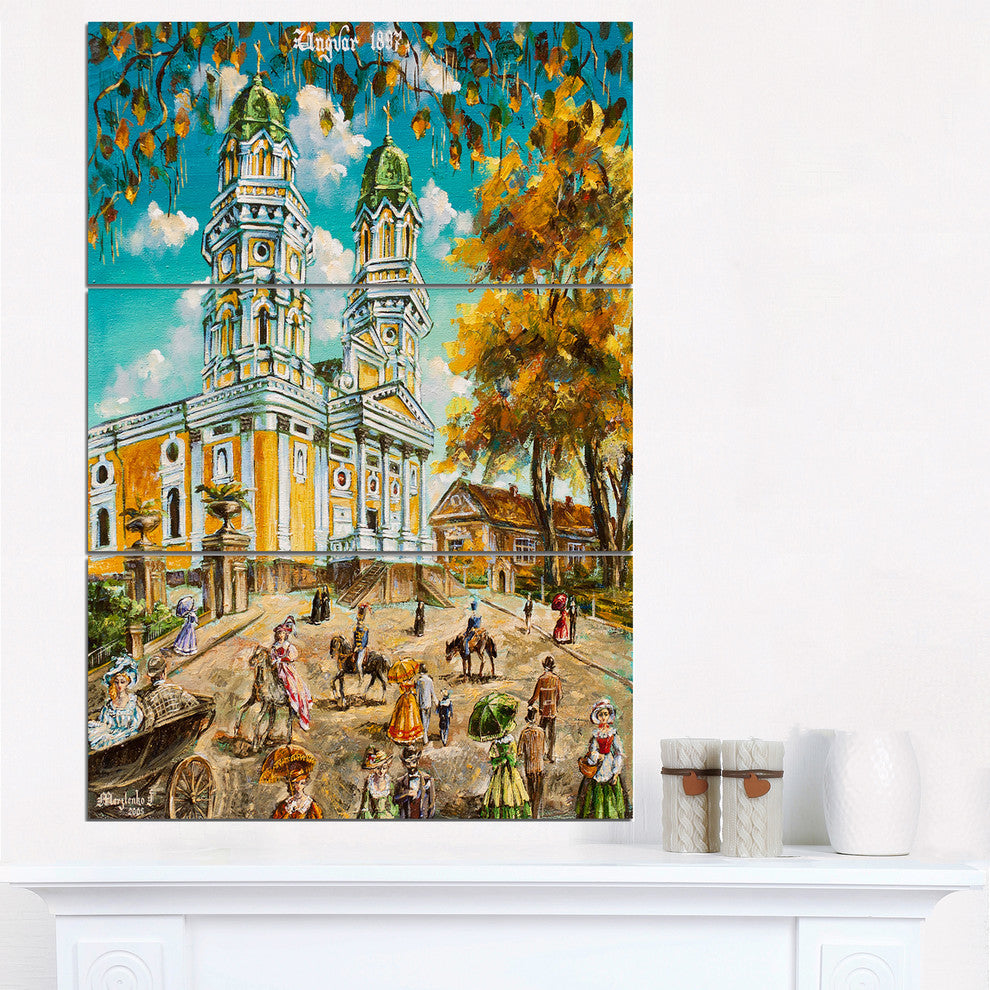 "Old Church" Glossy Metal Wall Art, 3 Panels, 28"x36"