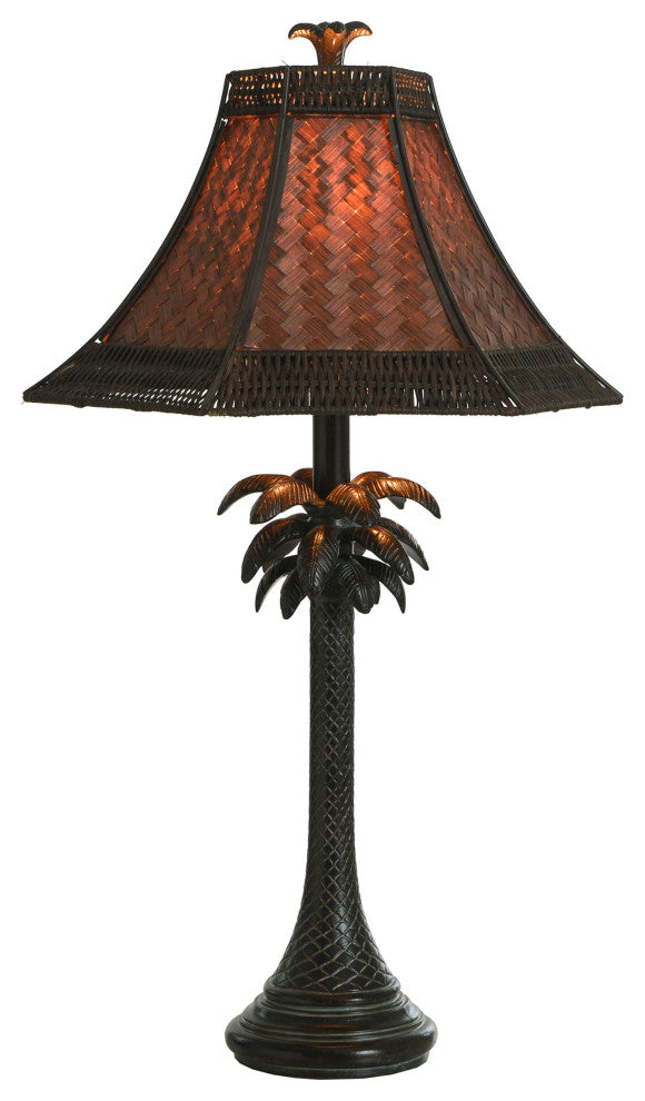 French Verdi Table Lamp-Dark Brown Finish-Brown Woven Rattan Shade