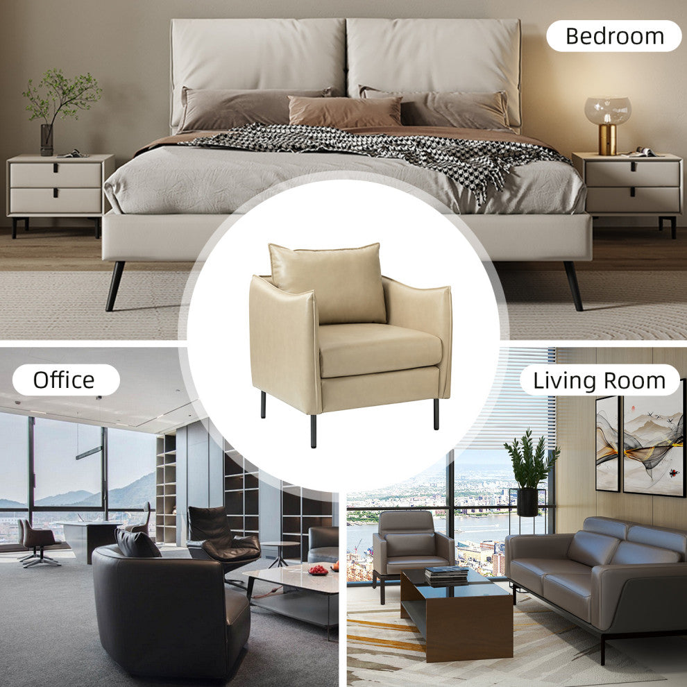 Traditional Leather Armchair With Metal Legs, Beige