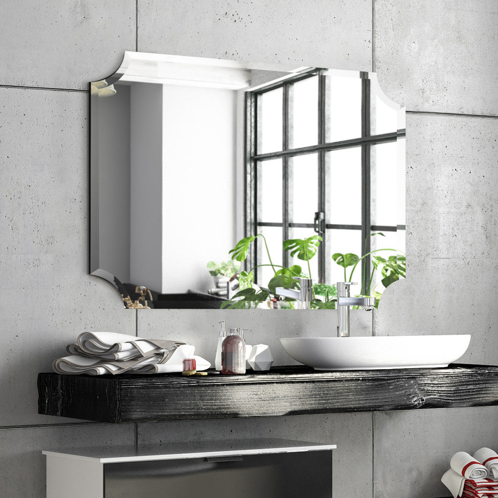 Frameless Rectangle Scalloped Beveled Wall Mirror, 1" Beveled Edge, 40"x30"