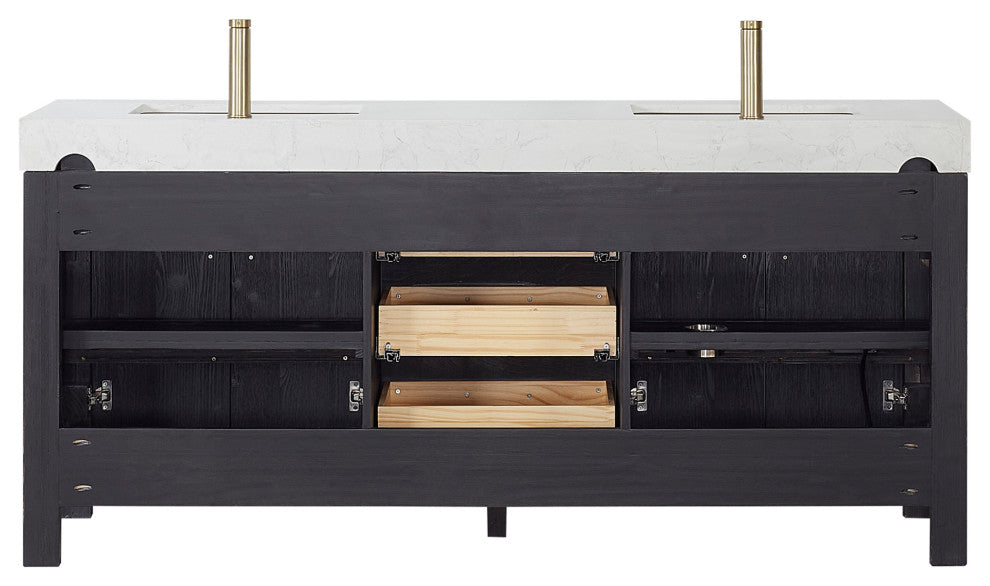 Leon Bath Vanity With Composite Stone Top, Fir Wood Black, 72", No Mirror
