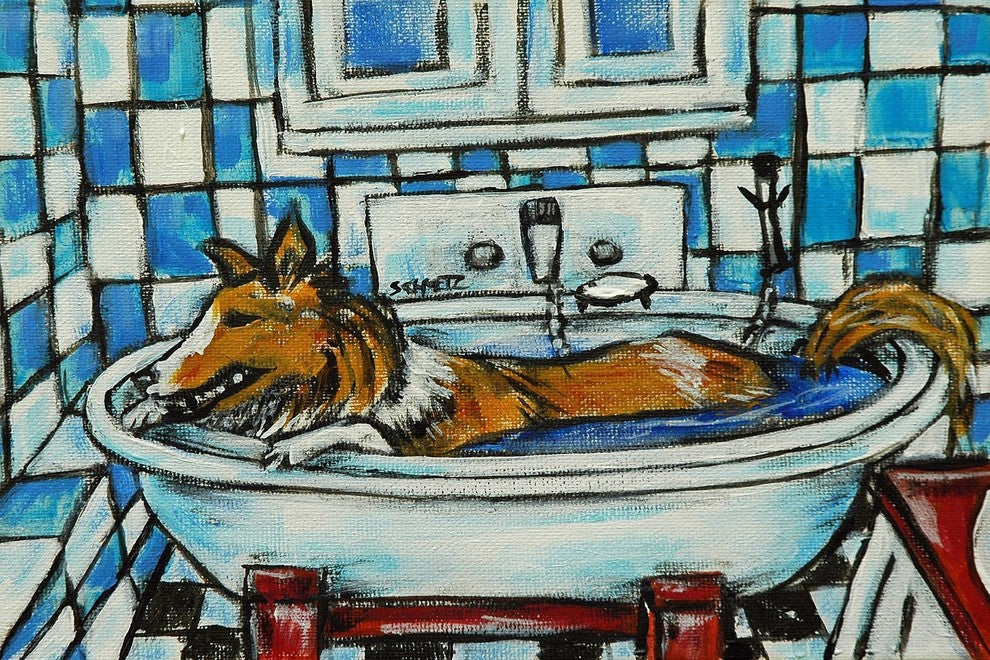 "Sheltie Bath" Painting Print on Wrapped Canvas, 18"x12"