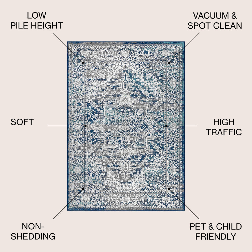 Modern Persian Vintage Medallion Area Rug, Blue, 10 X 13