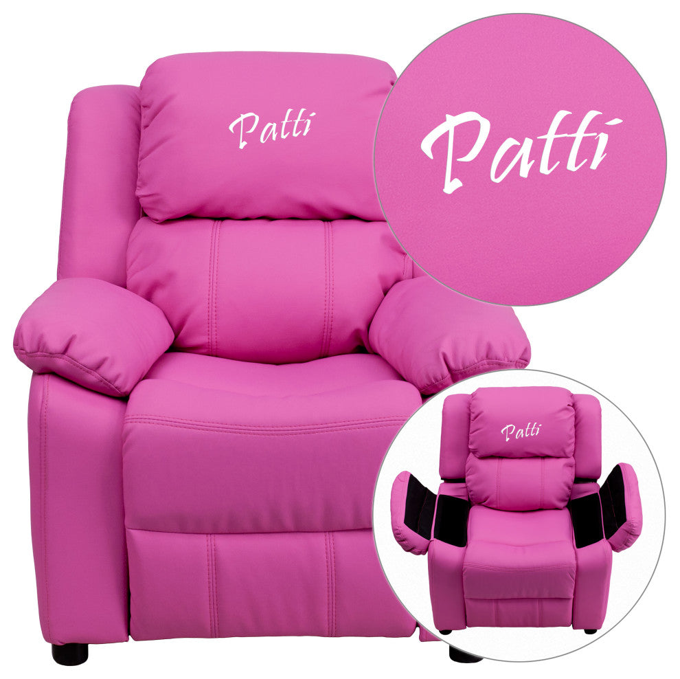Personalized Deluxe Padded Hot Pink Vinyl Kids Recliner with Storage Arms