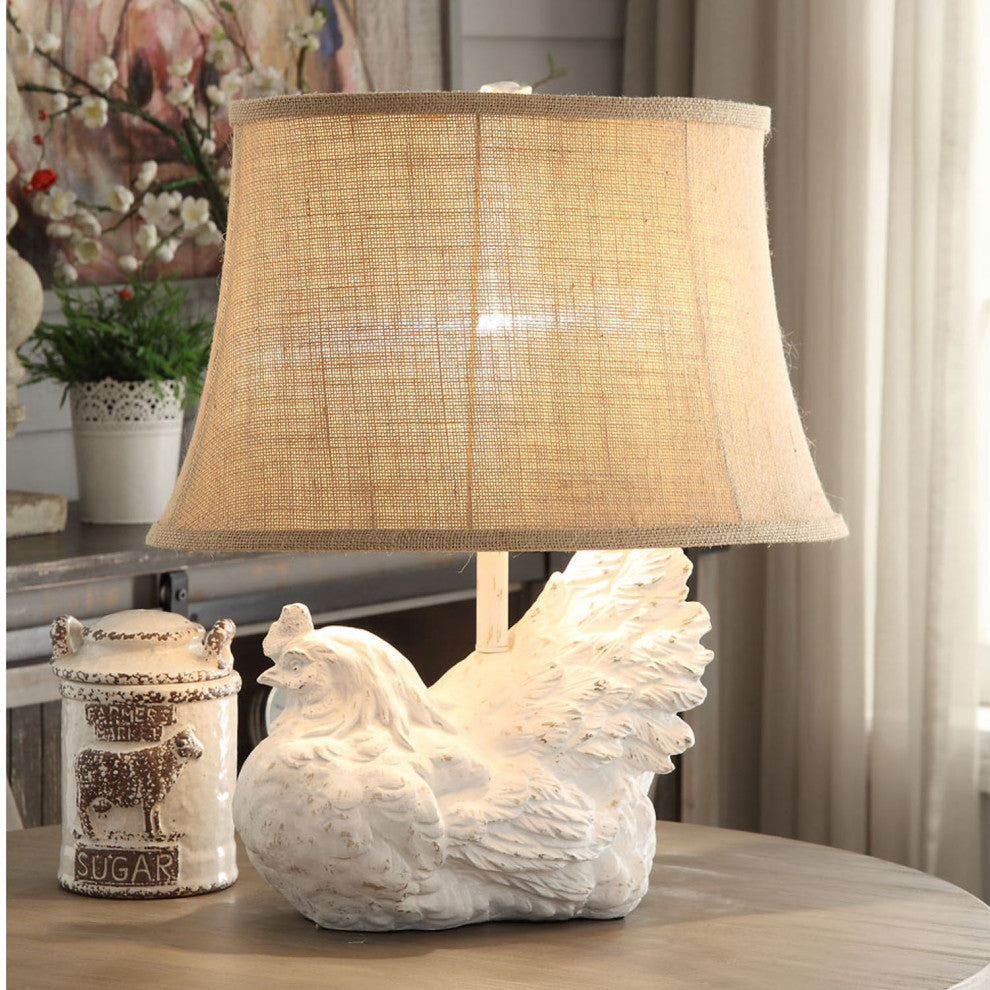 Rooster Table Lamp, White Washed