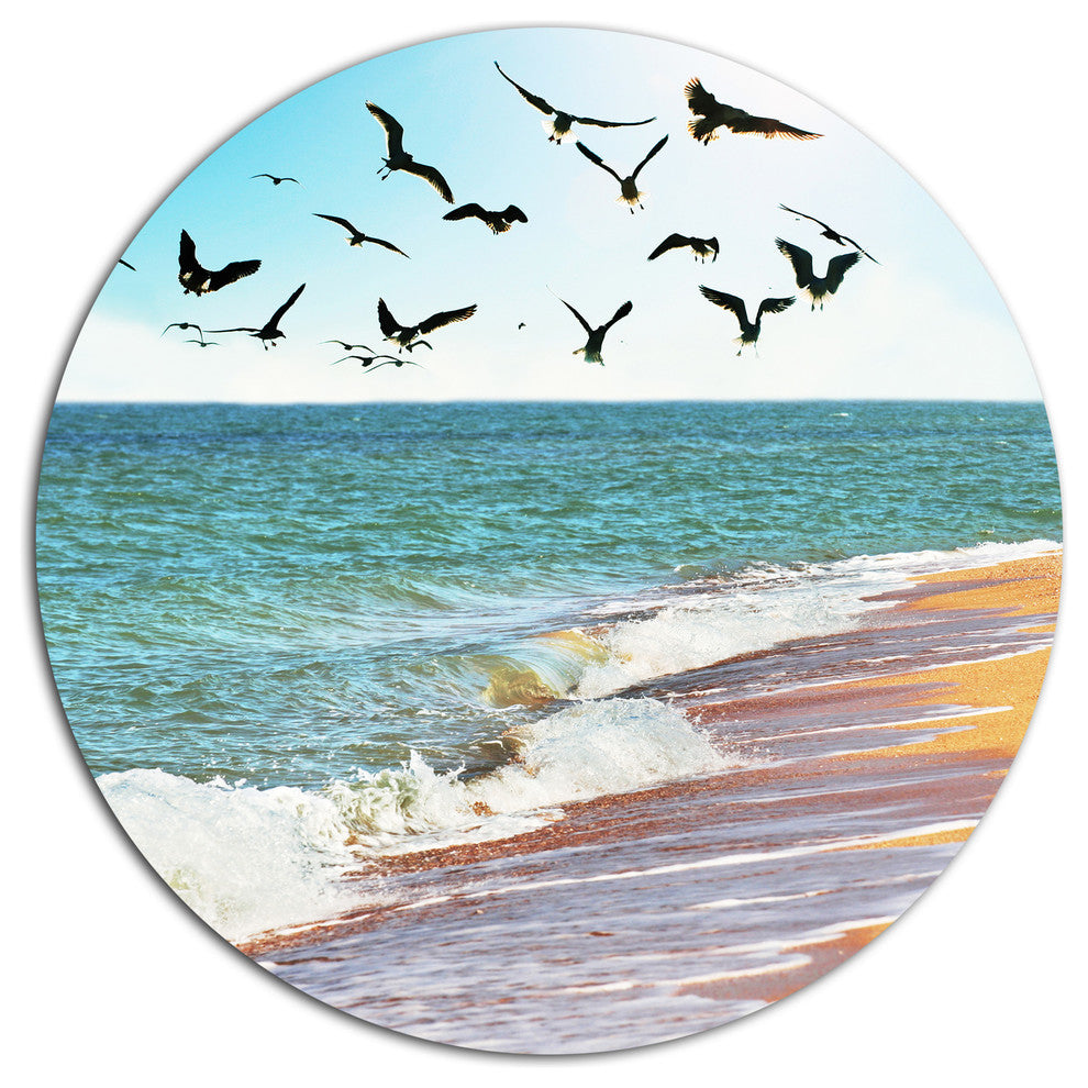 Sea Gulls Over The Seashore, Seashore Round Metal Wall Art, 23"