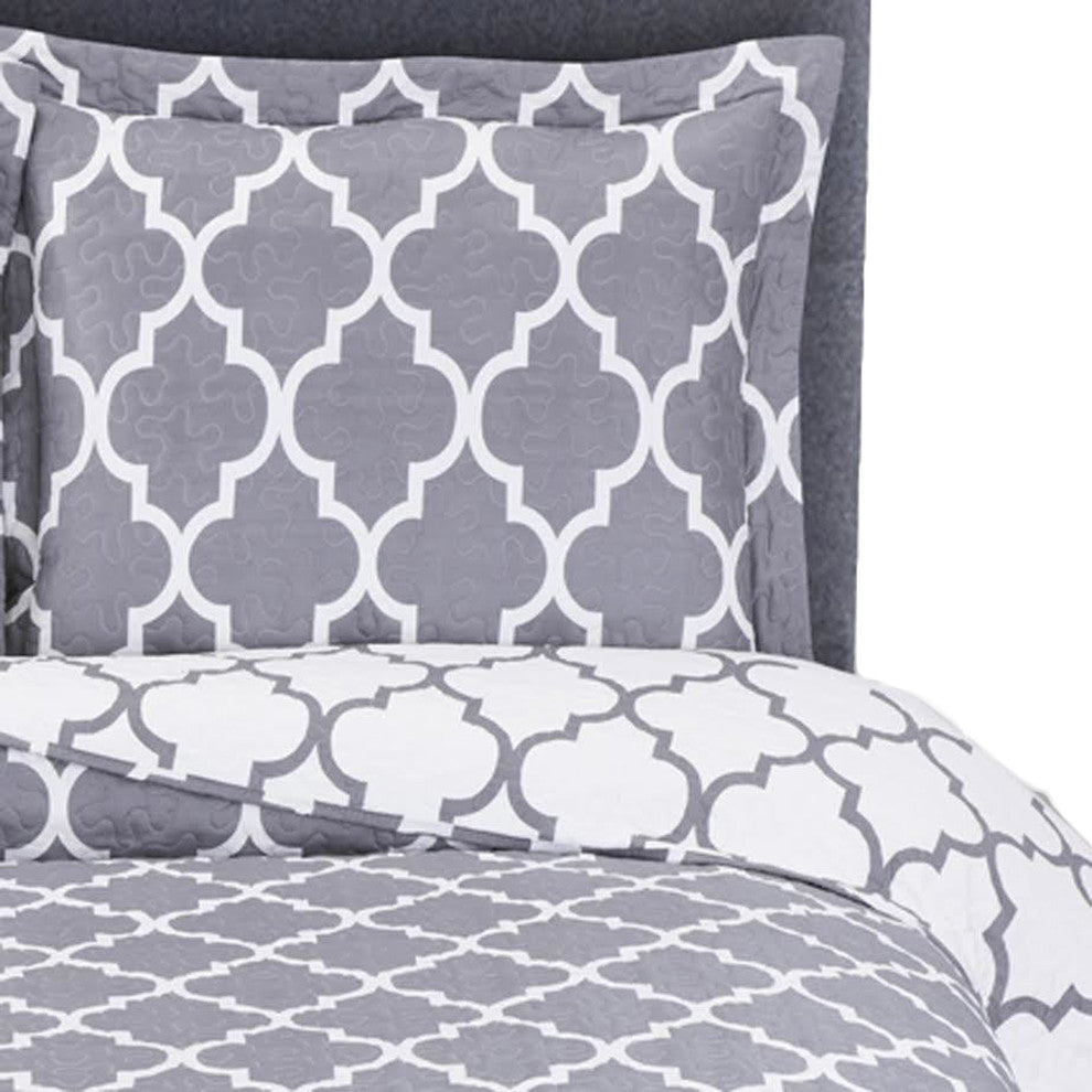 Meridian Oversized Reversible Printed Coverlet Set, Gray and White, Twin/Twin XL