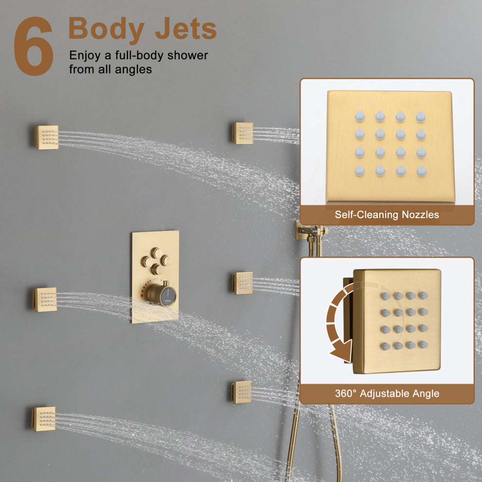 12" Dual Heads Shower System with 4 Way Thermostatic Faucet, Brushed Gold